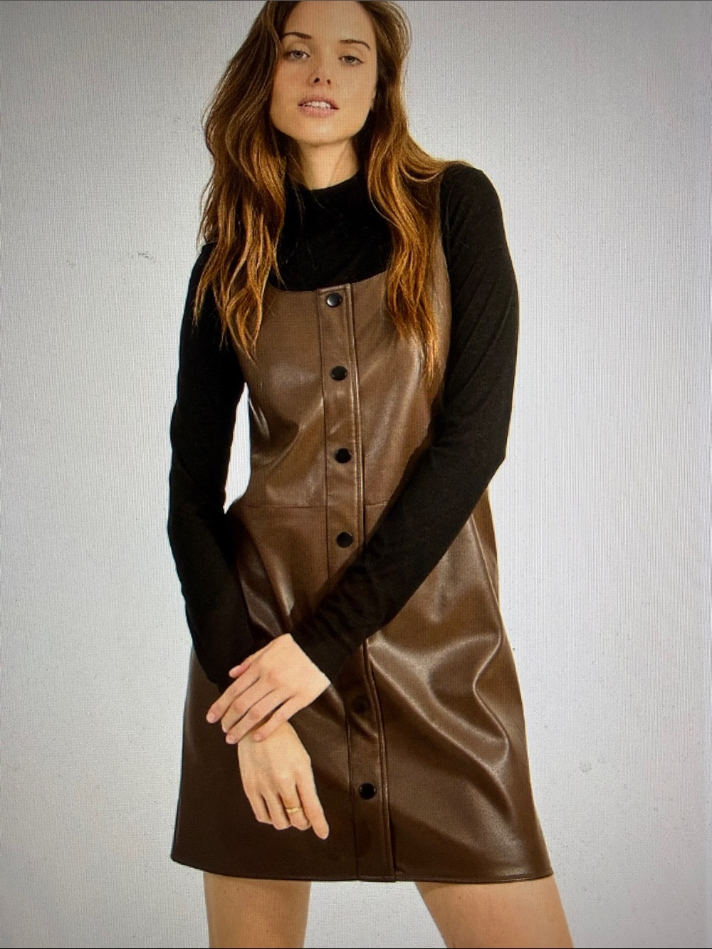 NWT Cruelty Free Brown Vegan Leather Button Front Mini Smock Sleeveless Dress L